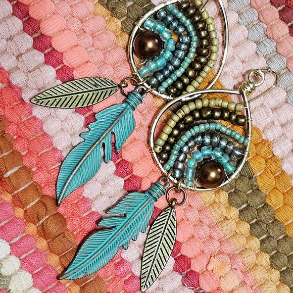 Artisan Hand Crafted Earrings Gold Teardrop Hoop Aqua Beige Brown Beaded Pierced - Picture 3 of 9